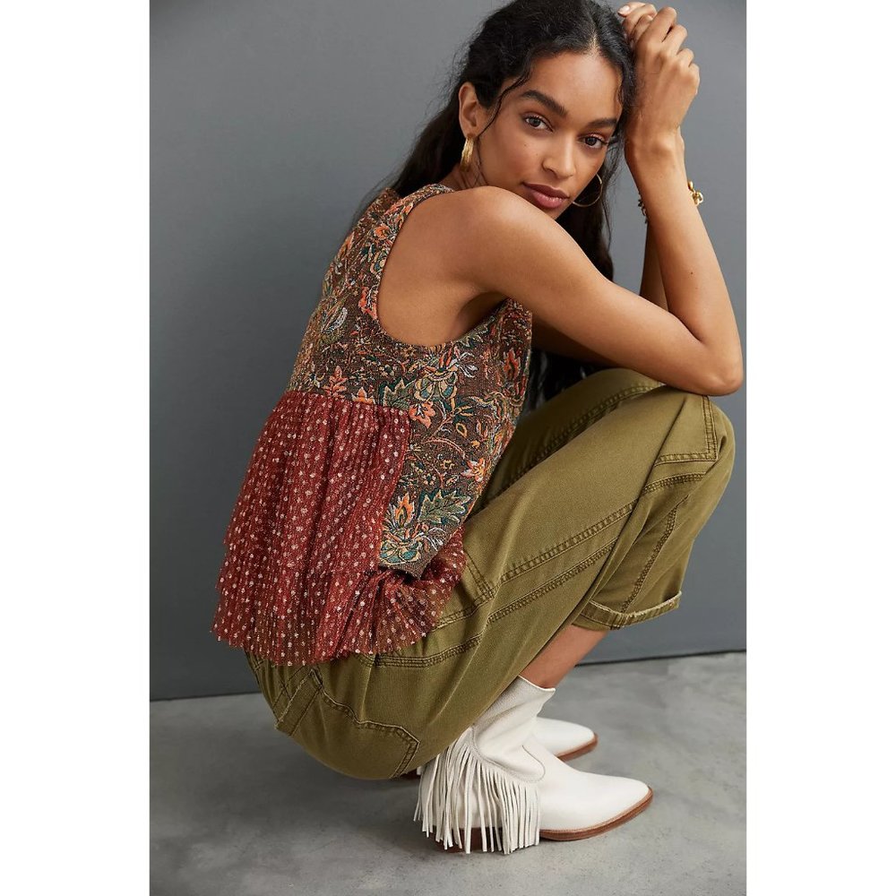 Anthropologie Eva Franco Jacquard Sleeveless Brown Floral Top Plus Sizes - Picture 2 of 8